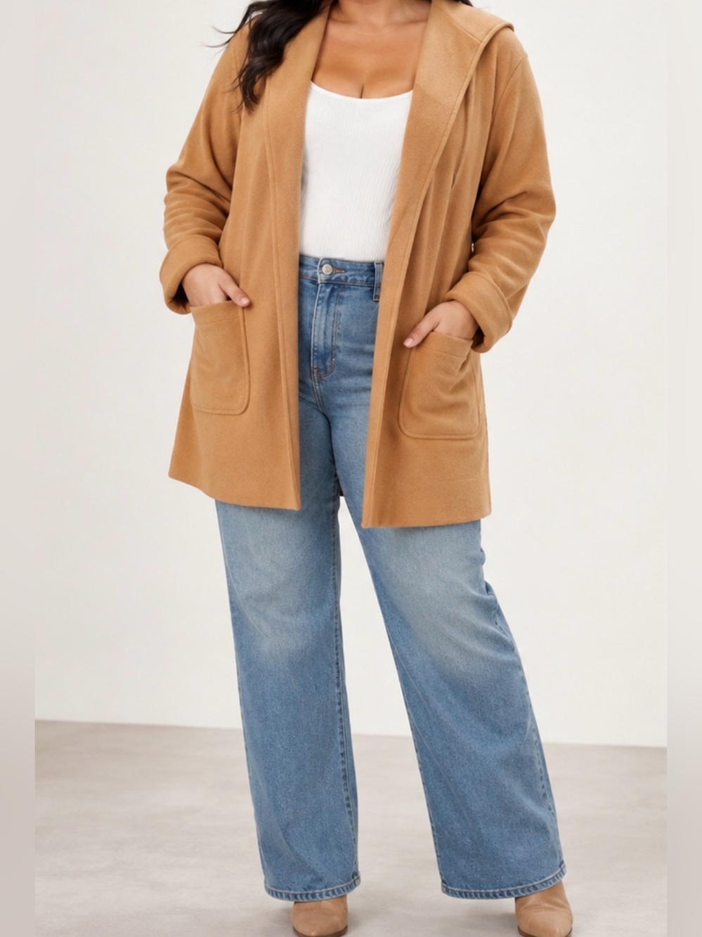 Lafayette 148 Cashmere Wool Blend Open Tan Brown Front Jacket Coat